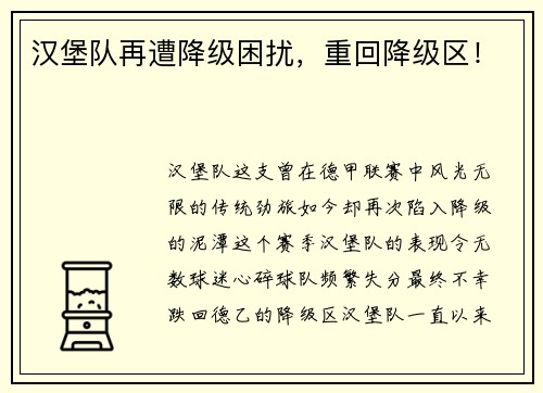 汉堡队再遭降级困扰，重回降级区！