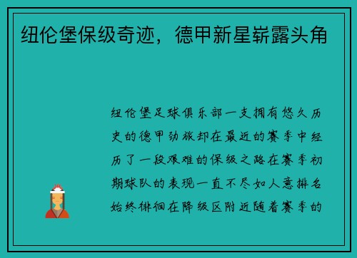 纽伦堡保级奇迹，德甲新星崭露头角