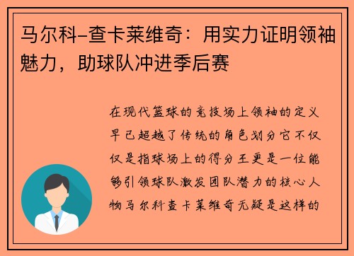 马尔科-查卡莱维奇：用实力证明领袖魅力，助球队冲进季后赛